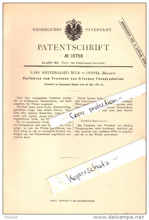 Original Patent - Lars Westergaard Beck in Duffel / Mechelen , 1881 , Trocknen von frischem Thon , Keramik !!!