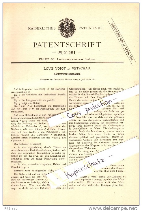Original Patent - Louis Voigt in Vetschau / Spreewald , 1882 , Kartoffel-Erntemaschine , Landwirtschaft !!