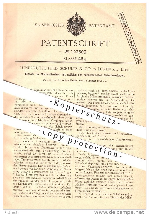 original Patent - Lünerhütte Ferd. Schultz & Co. in Lünen a. d. Lippe , 1898 , Einsatz für Milchschleudern !!!