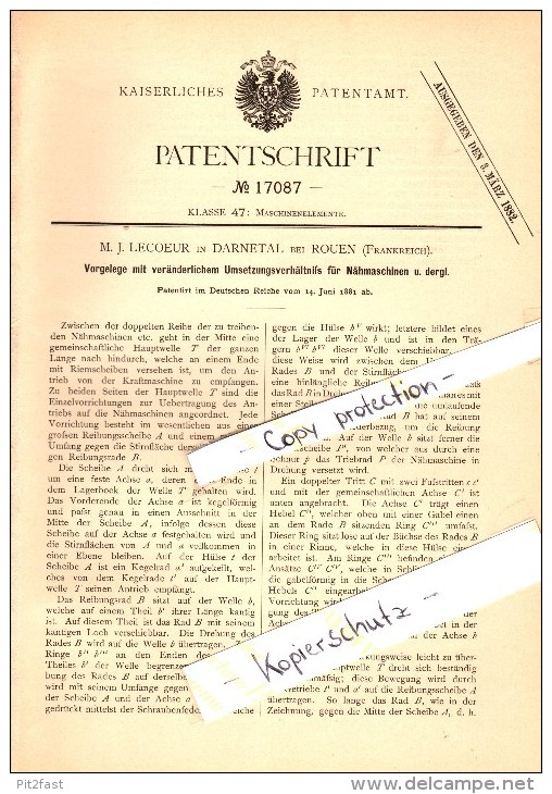 Original Patent - M.J. Lecoeur à Darnetal b. Rouen , 1881 , Dispositif pour machine à coudre  !!!