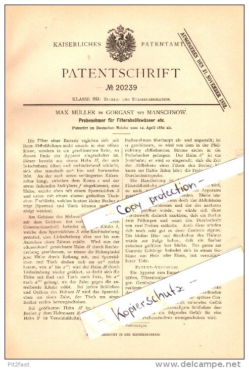 Original Patent - Max Müller in Gorgast b. Manschnow ,1882, Probenehmer für Süßwasserfilter , Küstriner Vorland , Golzow