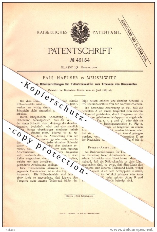 Original Patent - Paul Haeuser in Meuselwitz , 1887 , Trockenofen für Braunkohle , Bergbau , Zeche , Grube , Häuser !!!