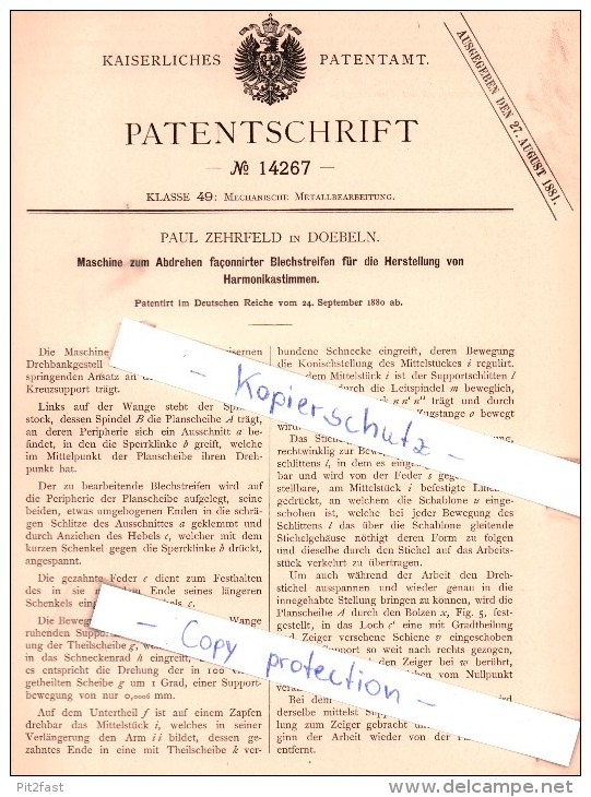 Original Patent - Paul Zehrfeld in Doebeln , 1880 , Mechanische Metallbearbeitung , Döbeln !!!