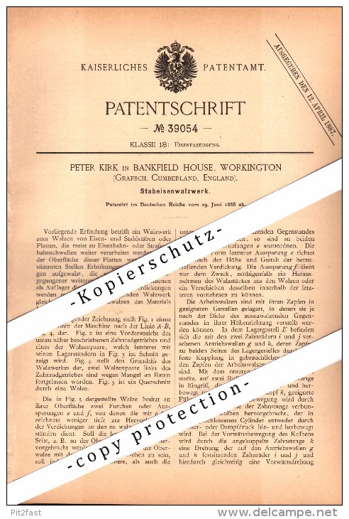 Original Patent - Peter Kirk in Bankfield House , Workington , 1886 , Iron mill !!!