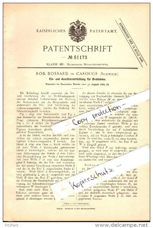 Original Patent - R. Bossard in Carouge b. Genf , 1889 , Ausrückvorrichtung für Drehbank , Metallbau !!!
