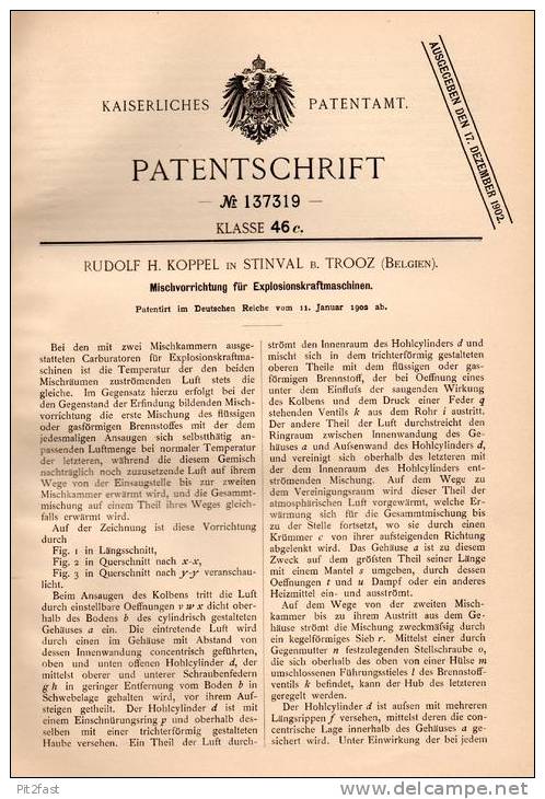 Original Patent  - R. Koppel in Stinval b. Sprimont ,1902, Apparat für Motoren , Carburator , Motor , Moteur , Trooz !!!