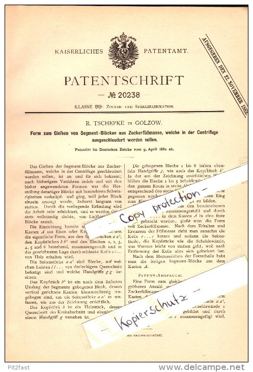 Original Patent - R. Tschepke in Golzow , 1882 , Segmentblöcke aus Zuckerfüllmasse , Oderbruch , Zuckerfabrik !!!