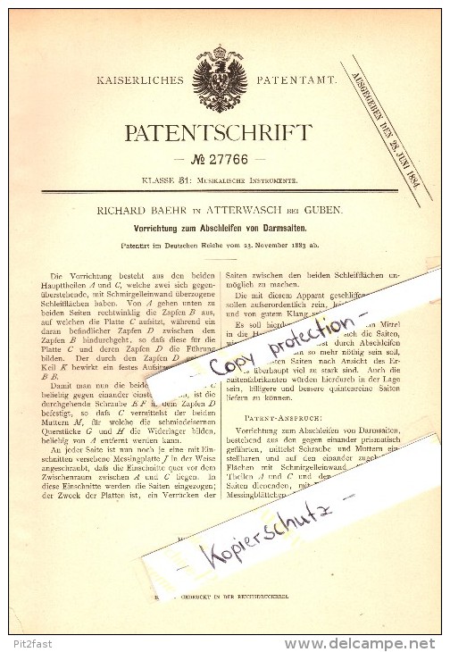 Original Patent - Richard Baehr in Atterwasch b. Schenkendöbern , 1883 , Apparat für Darmsaiten , Musik , Guben !!!