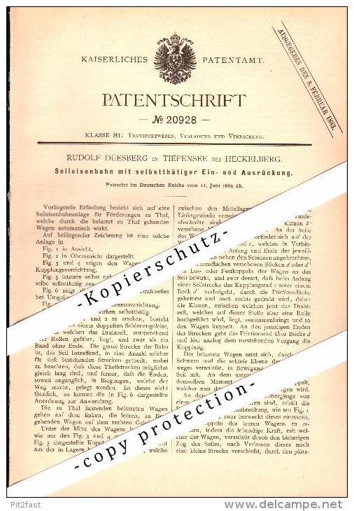 Original Patent - Rudolf Düesberg in Tiefensee b. Heckelberg , 1882 , Seil-Eisenbahn , Falkenberg , Werneuchen !!!