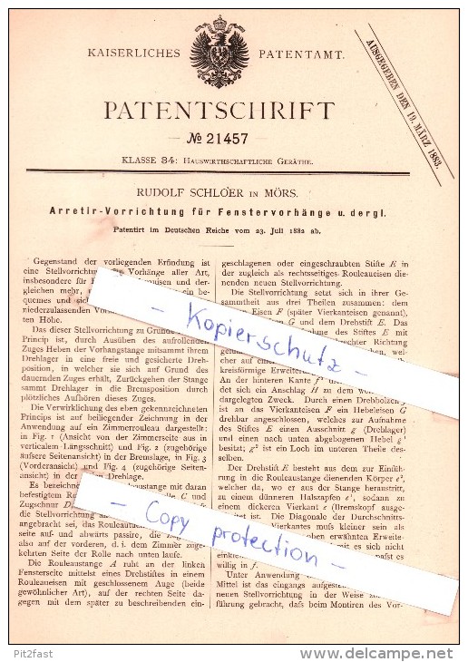 Original Patent - Rudolf Schloer in Mörs , 1882 ,  Arretir-Vorrichtung für Fenstervorhänge !!!