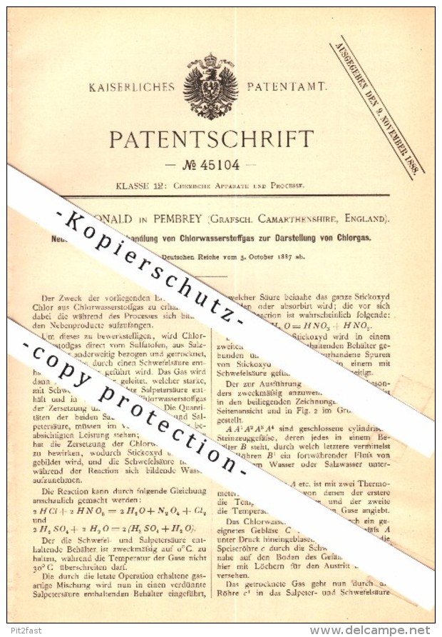 Original Patent - W. Donald in Pembrey , Carmarthenshire , 1887 , Recovery of chlorine from hydrogen gas !!!