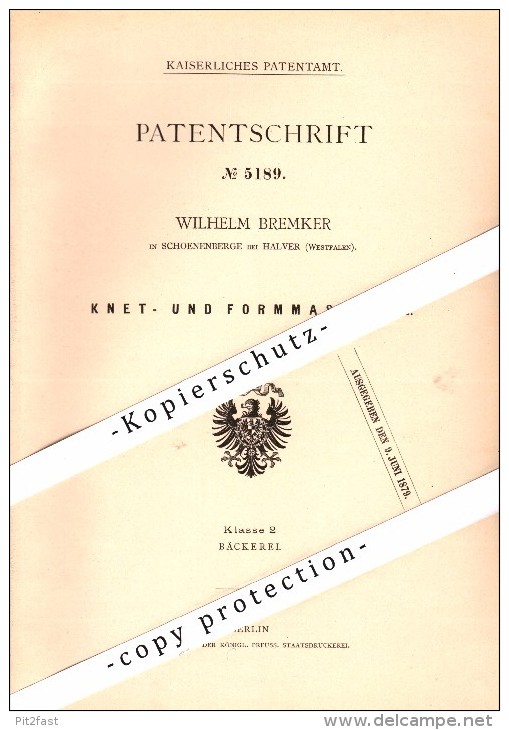 Original Patent - Wilhelm Bremker in Schöneberge b. Halver , 1878 , Knet- und Formmaschine , Bäckerei , Bäcker  !!
