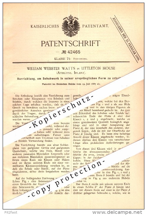 Original Patent - William Watts in Littleton House , Athlone , 1887 , Tensioning device for shoes , Ireland !!!