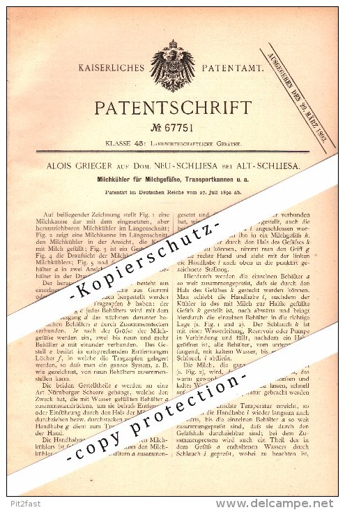 Original Patentschrift - A. Grieger in Neu Schliesa b. Wangern , Schlesien , 1892 , Milchkühler für Milckannen  , Wegry