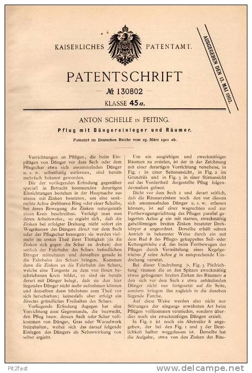 Original Patentschrift -Anton Schelle in Peiting b. Weilheim ,1901, Pflug mit Düngereinleger , Landwirtschaft , Schongau