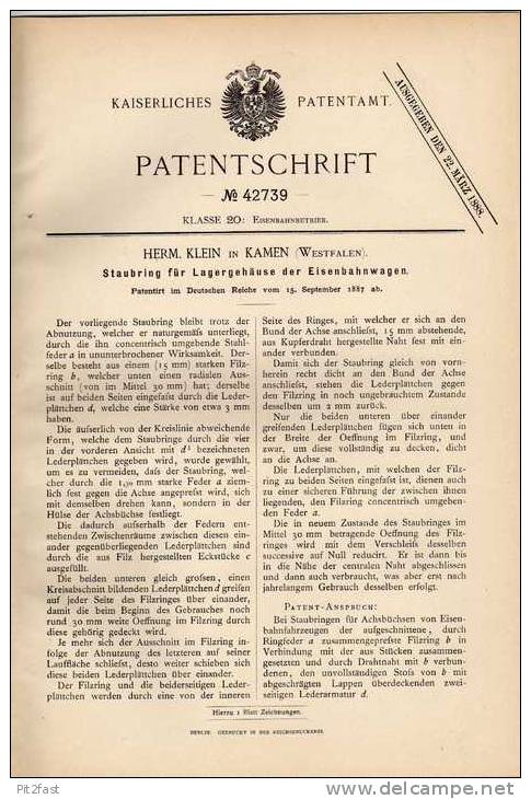 Original Patentschrift - H. Klein in Kamen , 1887 , Lagerung für Eisenbahn !!!