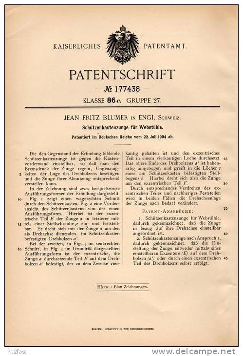 Original Patentschrift - J. Fritz Blumer in Engi , Schweiz , 1904 , Schützenkastenzunge für Webstuhl , Weberei !!!