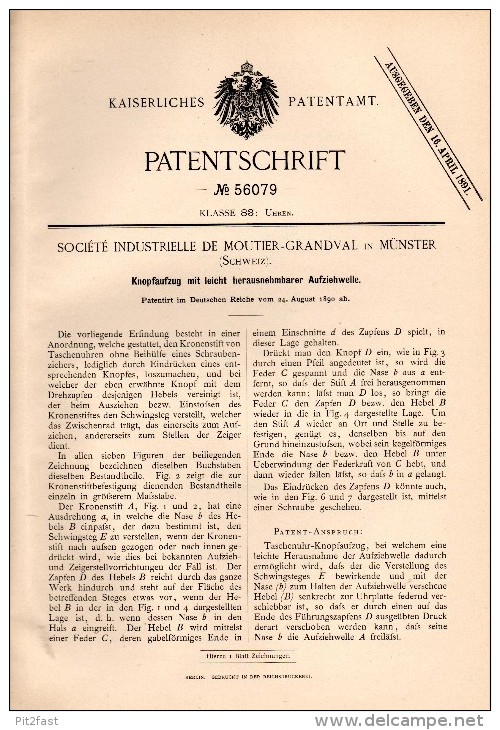 Original Patentschrift -Société Industrielle de Moutier - Grandval in Münster / Geschinen , 1890 , Knopfaufzug für Uhren