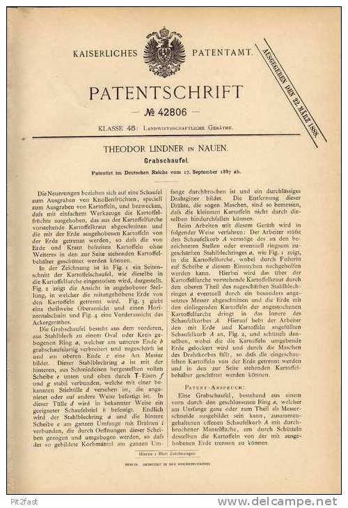 Original Patentschrift - T. Lindner in Nauen , 1887 , Schaufel für Grab , Bestatter , Beerdigung , Beisetzung !!!