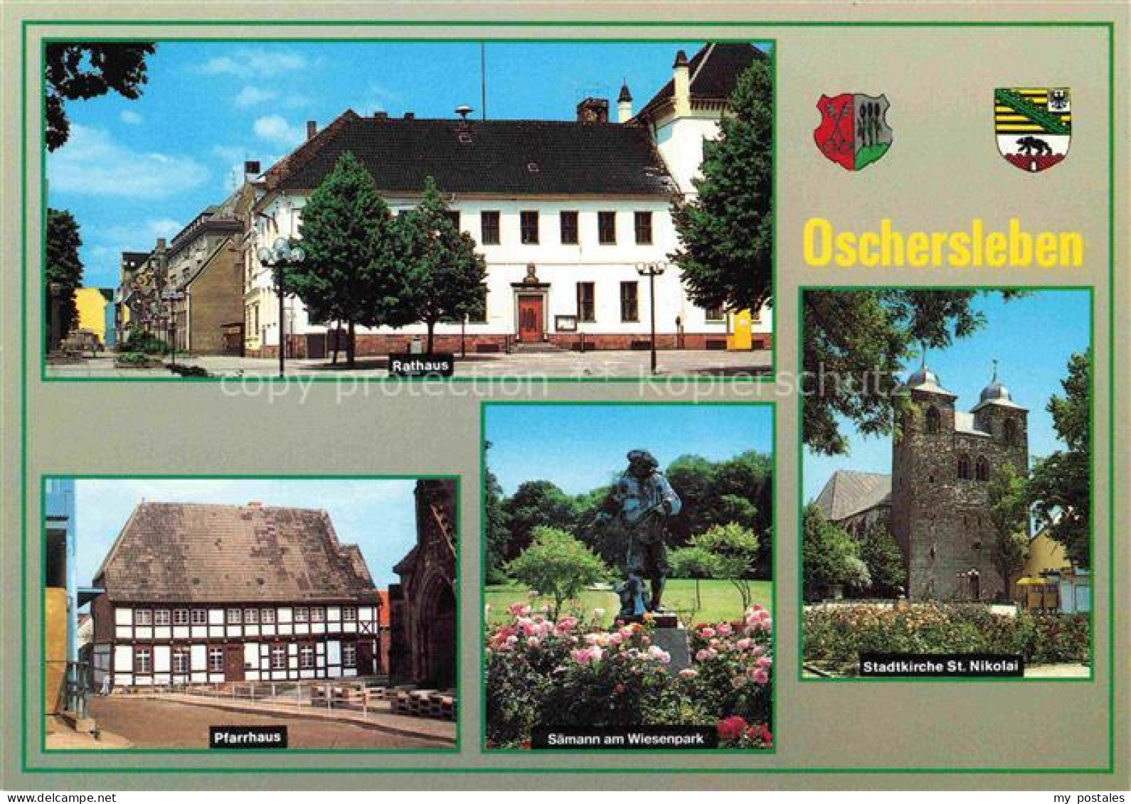 Oschersleben Bode Rathaus Pfarrhaus Saemann am Wiesenpark Statue Stadtkirche St.