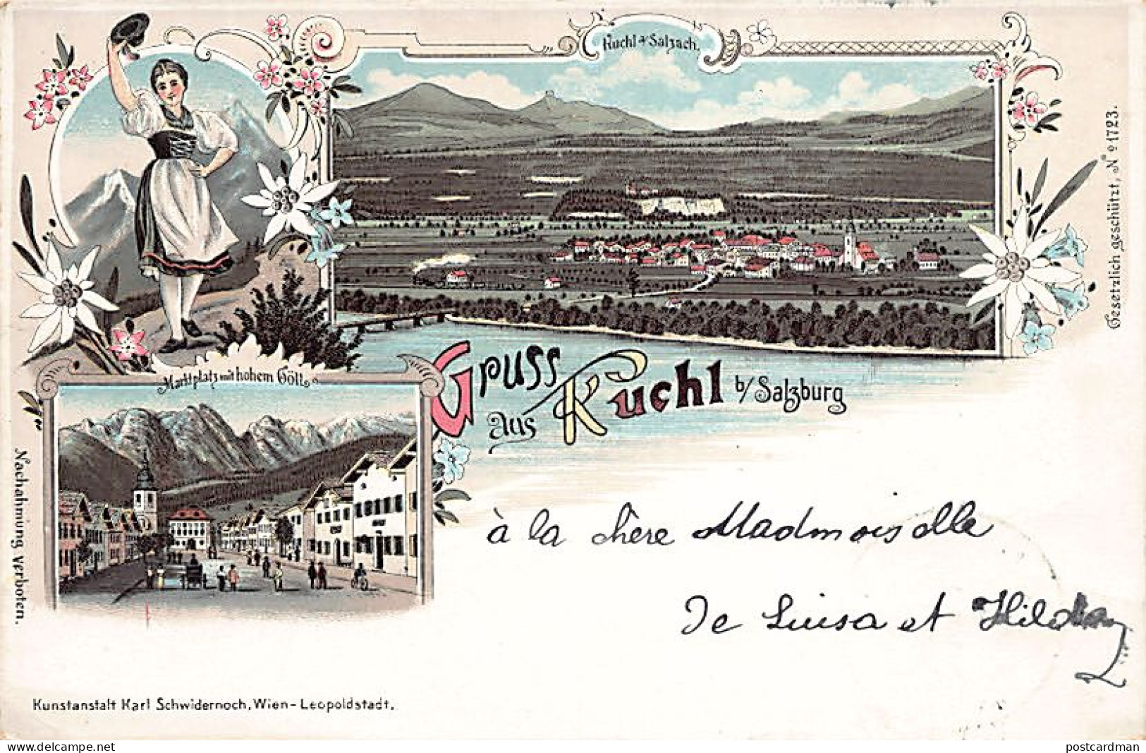 Österreich - KUCHL - Litho - Marktplatz mit hohem Göll - Kuchl am Salzbach