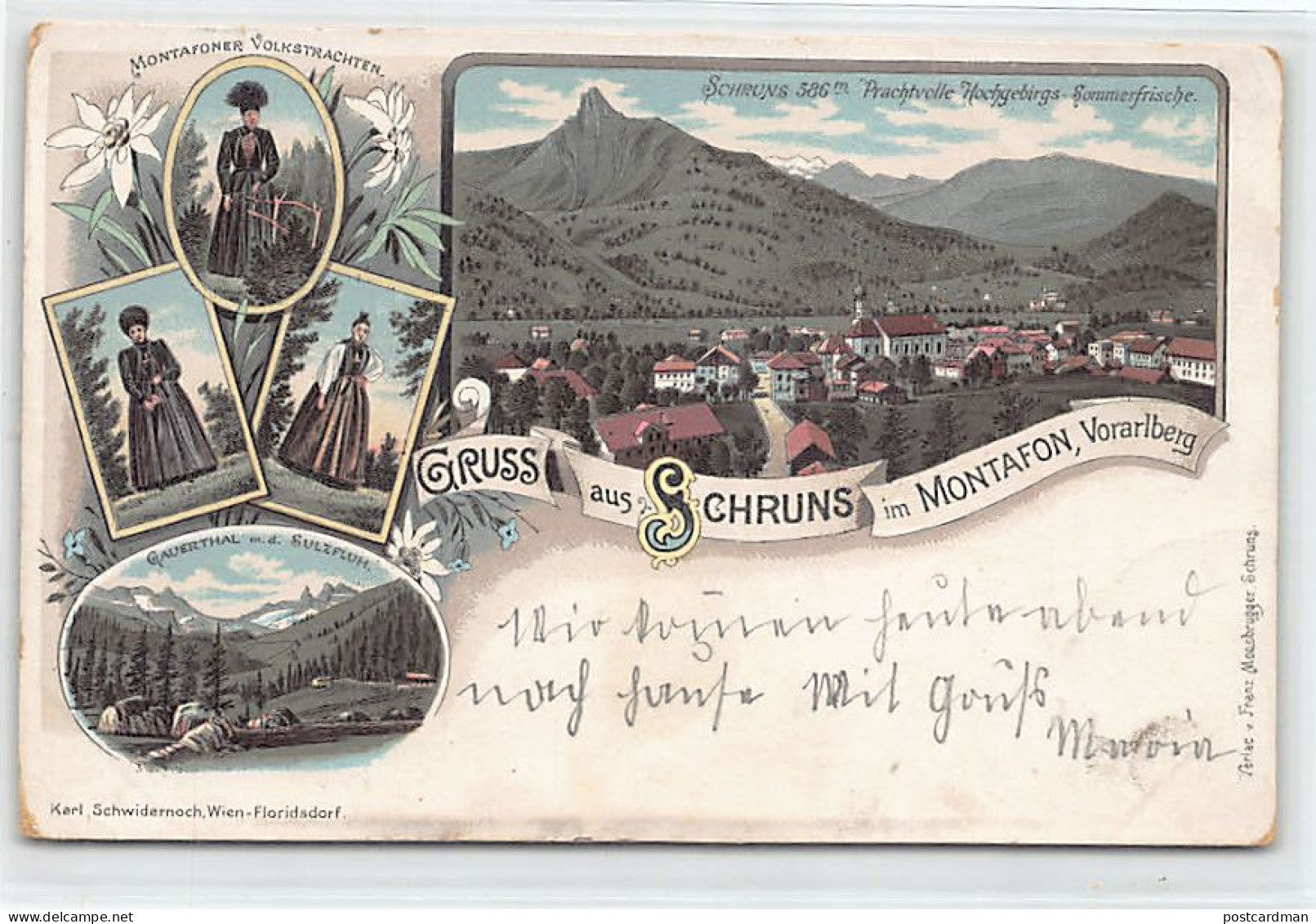Österreich - Schruns (V) Litho - Mehrfachansicht - Gesamtansicht - Montafoner Volkstrachten - Gauerthal