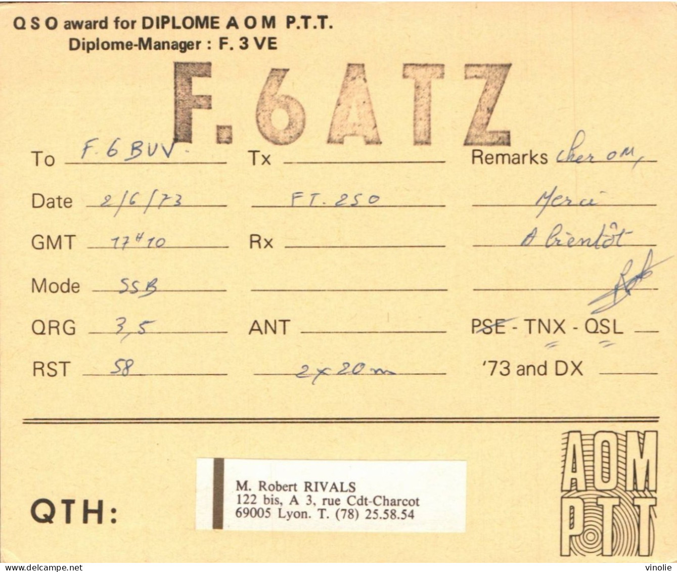 P-26-1255 T-PL : CARTE DE RADIO AMATEUR. LYON 9° ARRONDISSEMENT. ROBERT RIVALS. RUE DU COMMANDANT CHARCOT