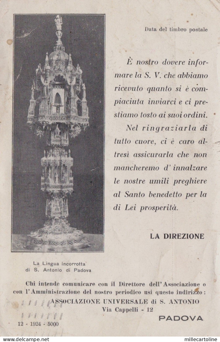 PADOVA: cartolina Associaz. Univers.  S. Antonio di Padova 1925 - reliquiario