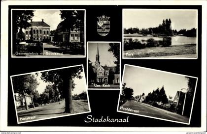 CPA Stadskanaal Groningen, Ger. Kerk, Park, Poststraat, Hoofstraat, Gemeentehuis