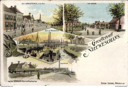 Lithographie Nieuweschans Groningen, Hotel Wagho, Hafen, Fabrik