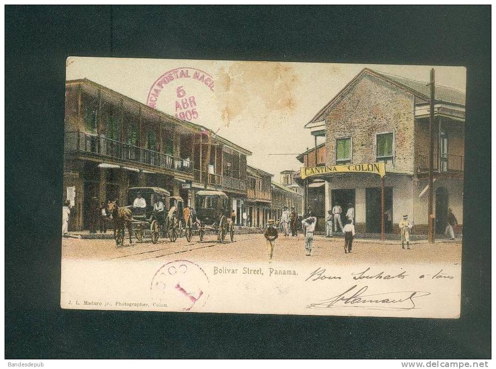 Panama - Colon - Bolivar Street  ( animée Cantina Colon attelage cachet Taxe dest. Viaud Le Havre Ph. Maduro )