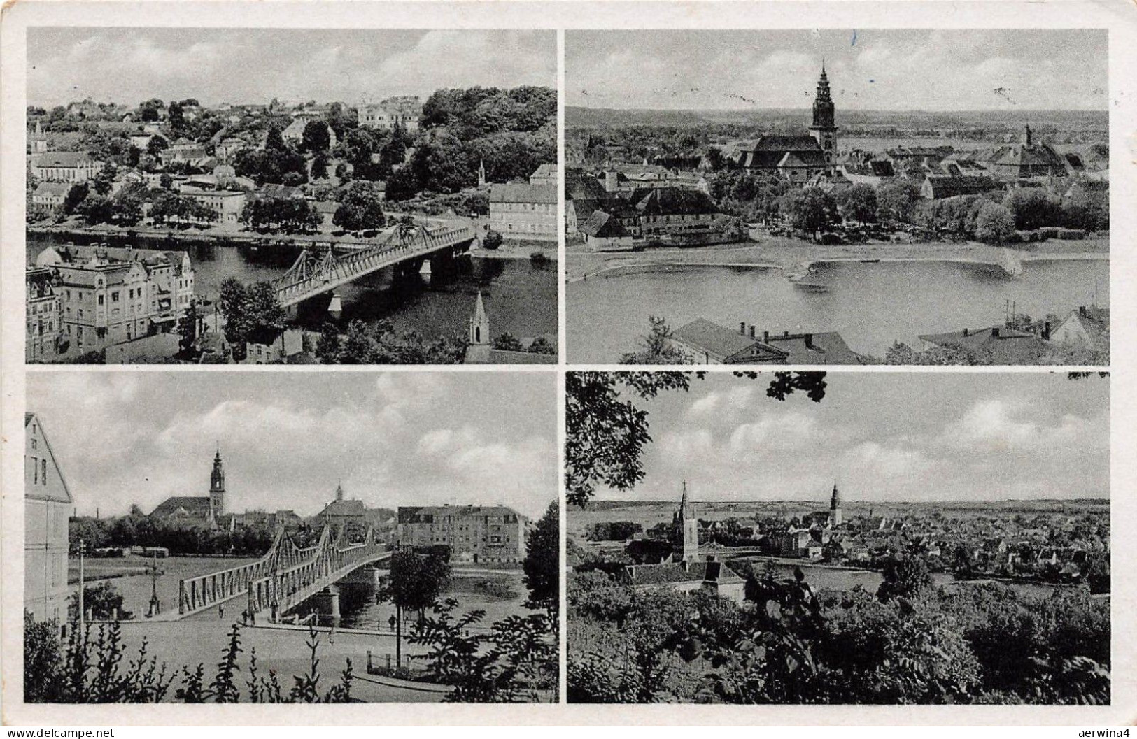 Panorama mit Brücke und Kirche Crossen Oder Neumark/Ostbrandenburg Postkarte AK