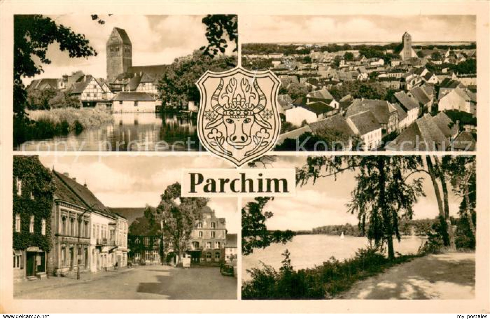 Parchim Stadtpanorama Kirche Ortszentrum Partie am Wasser