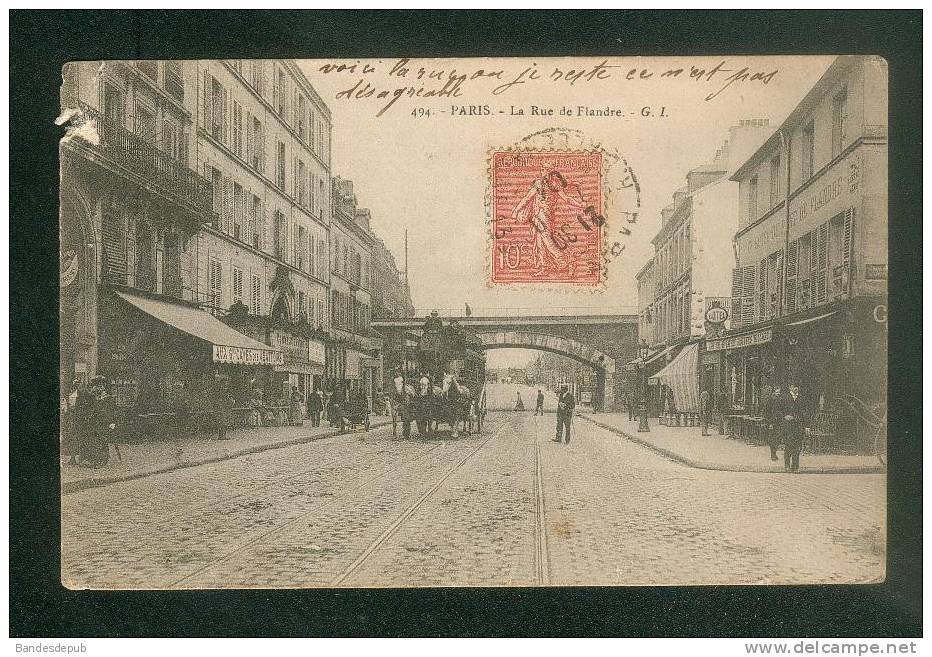 Paris 19è - Rue de Flandre ( animée omnibus à chevaux diligence G.I. 494 en l'état)