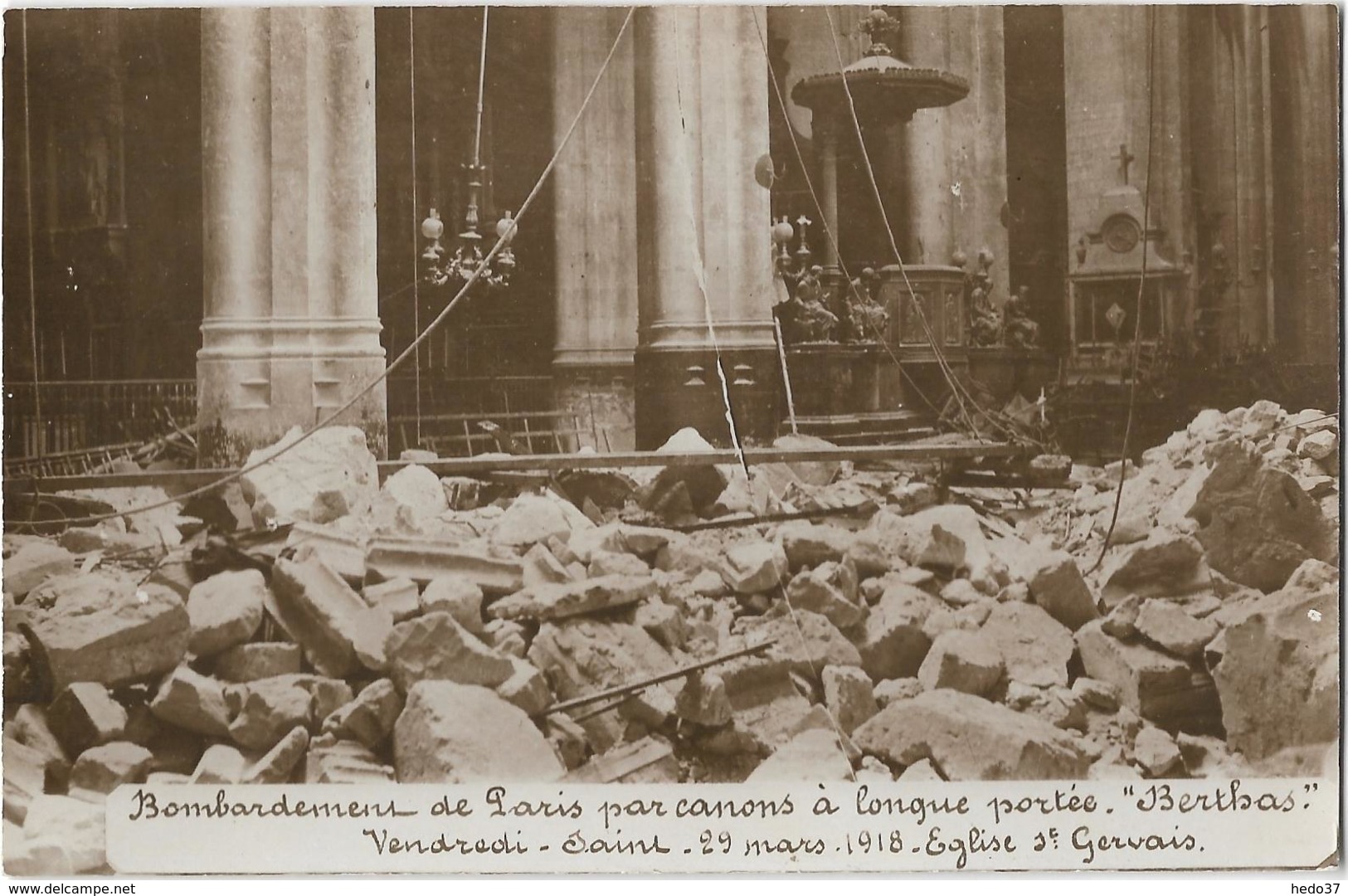 Paris - Bombardement de Paris par canons à longue portée "Berthas" - 19 Mars 1918 - Eglise St-Gervais - Carte photo