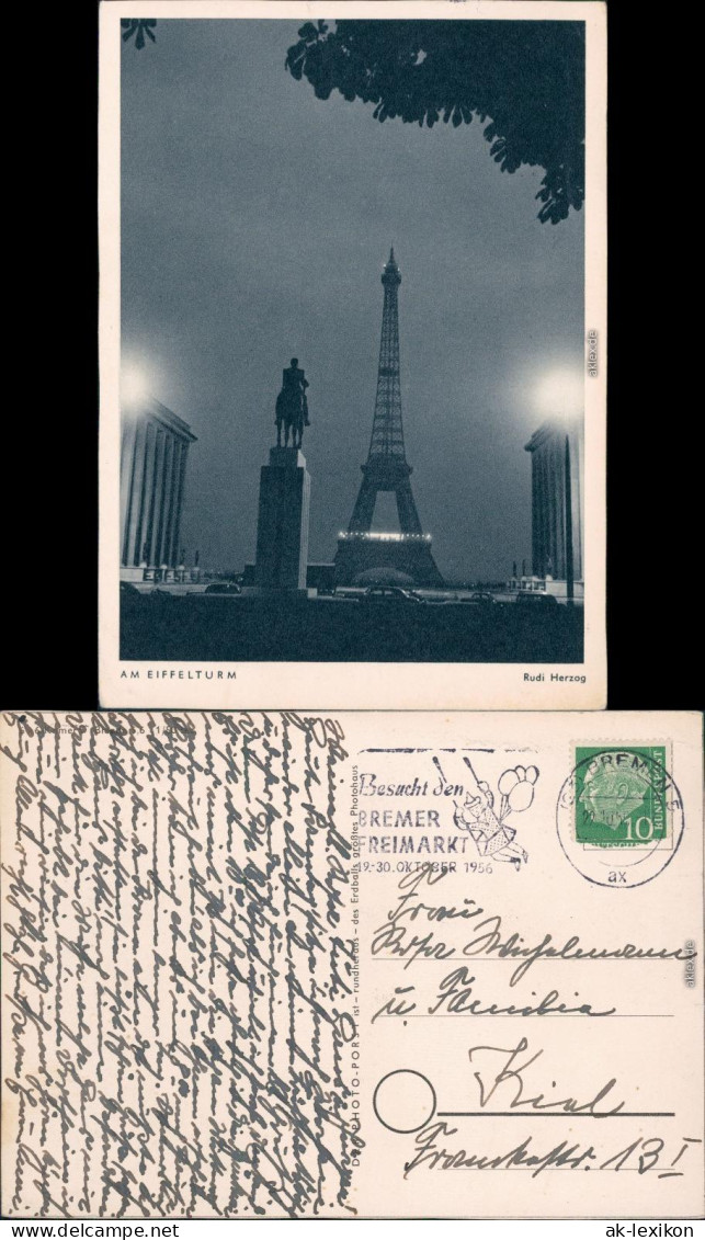 Paris Eiffelturm Ansichtskarte bei Nacht  1956