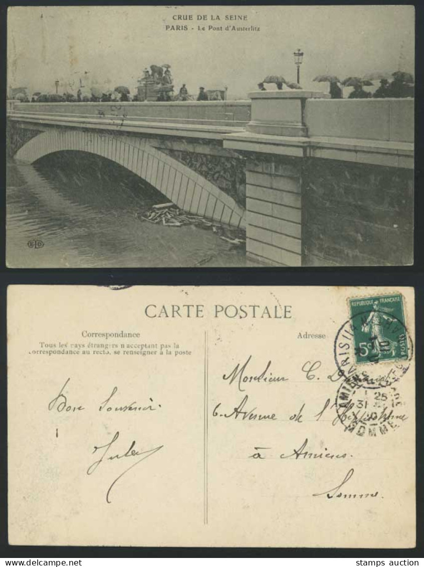 PARIS FLOOD 1910 Old Postcard Pont d' Austerlitz Bridge, Horse Wagon, Umbrellas