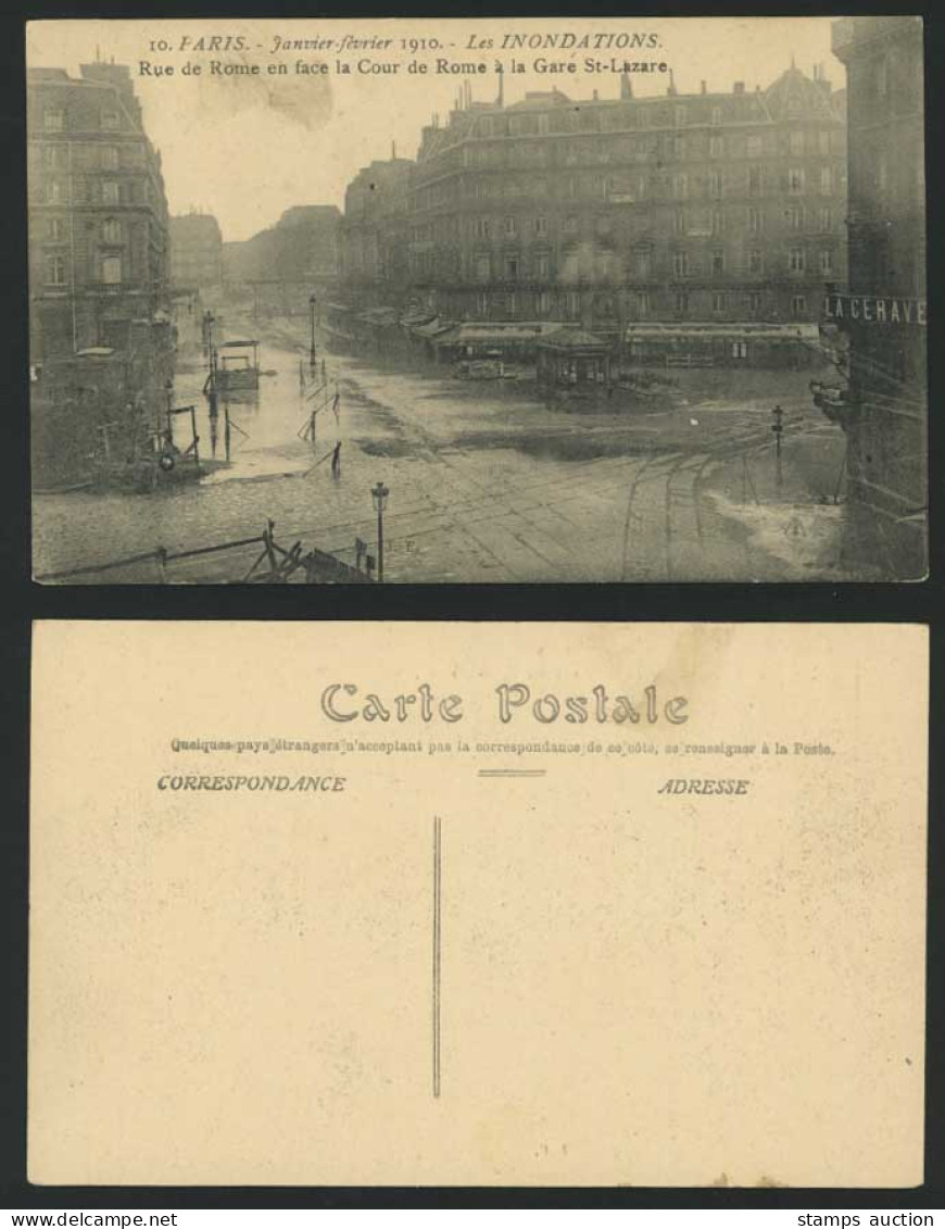 PARIS FLOOD 1910 Old Postcard Rue de Rome Cour de Rome La Gare St-Lazare Station