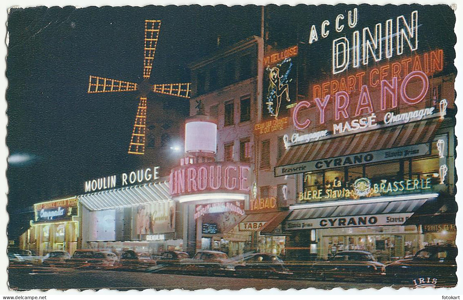 Paris France, Moulin Rouge Old Postcard, Place Blanche by Night, 1953