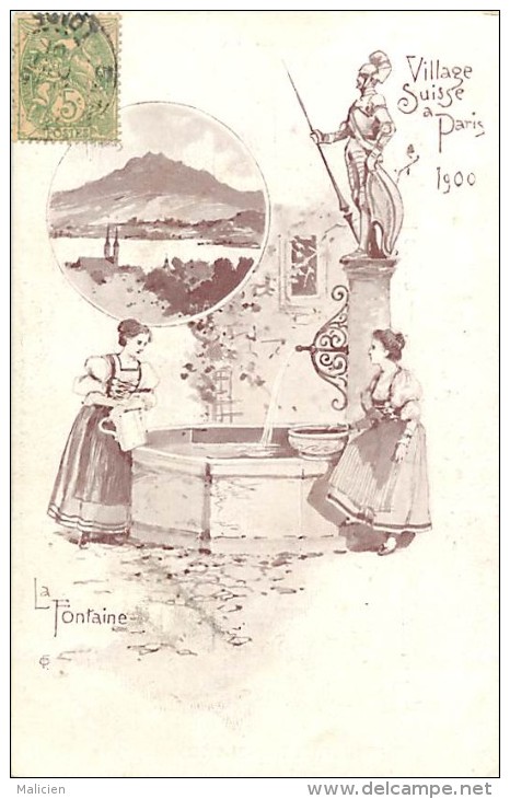 paris - ref B201 - village suisse a paris  - exposition 1900 - la fontaine - fontaines - illustrateur - carte bon etat -