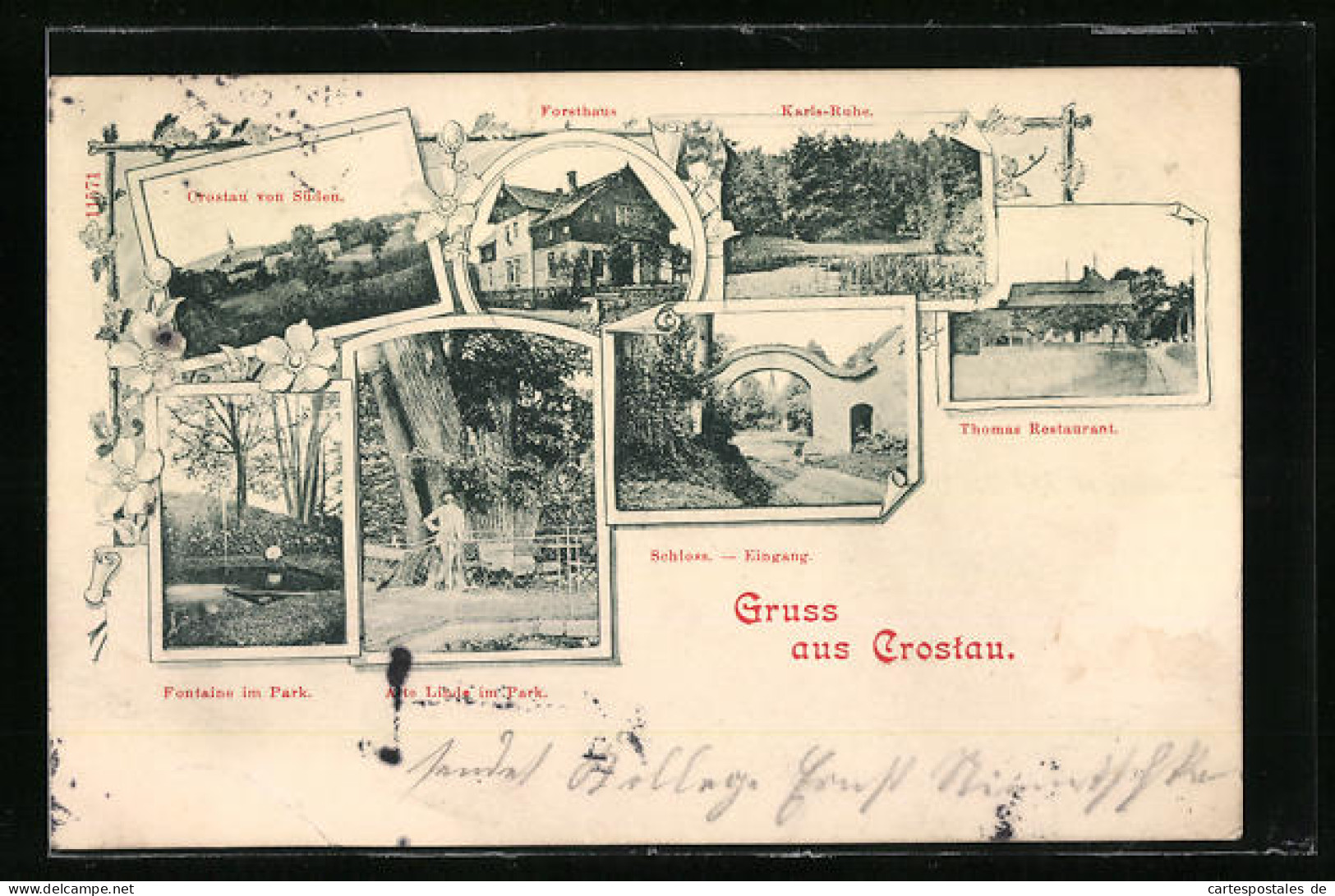Passepartout-AK Crostau, Ortsansicht von Süden, Thomas Restaurant, Alte Linde im Park, Forsthaus