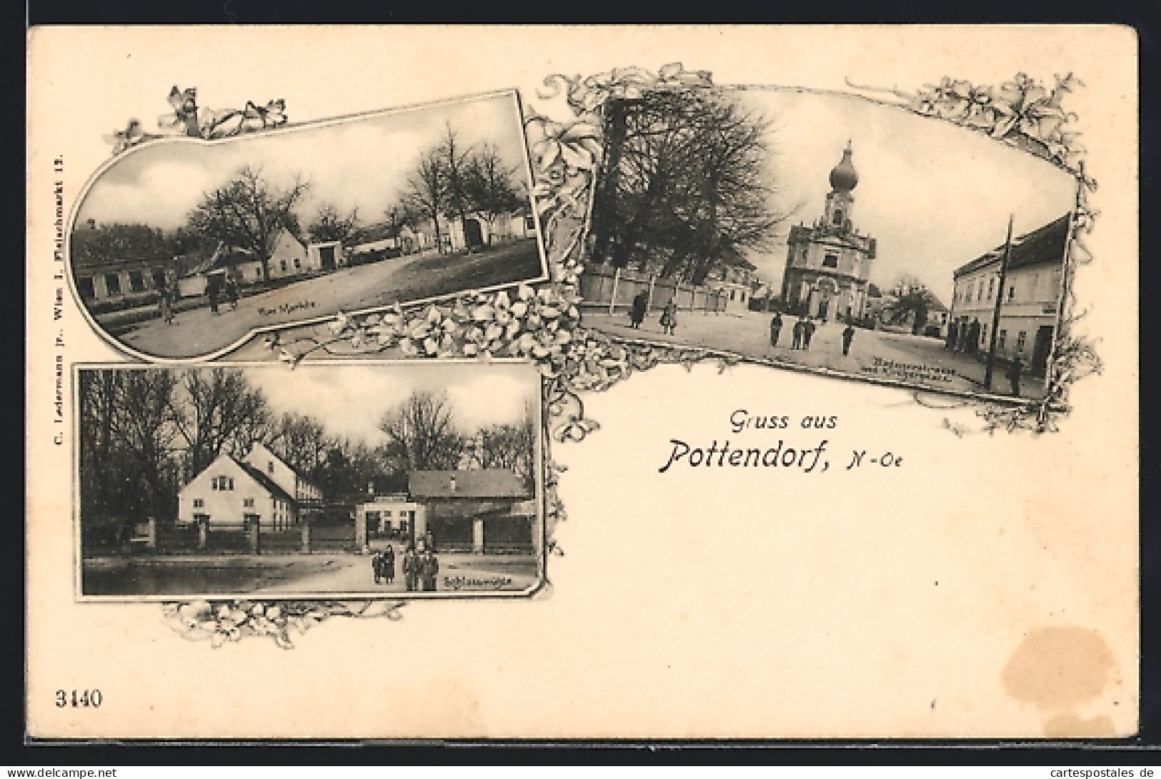 Passepartout-AK Pottendorf /N.-Oe., Am Markte, Schlossmühle, Badenerstrasse und Kirchenplatz, Blumen