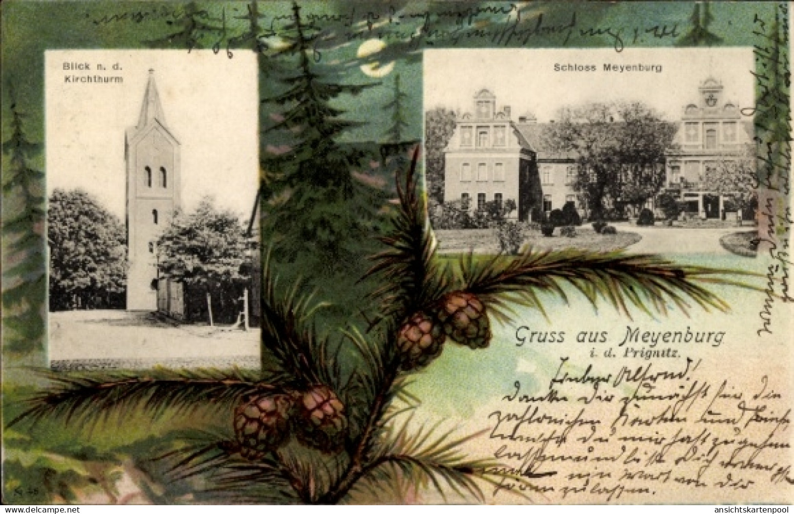 Passepartout CPA Meyenburg in der Prignitz, Schloss, Kirchturm, Wald, Nacht