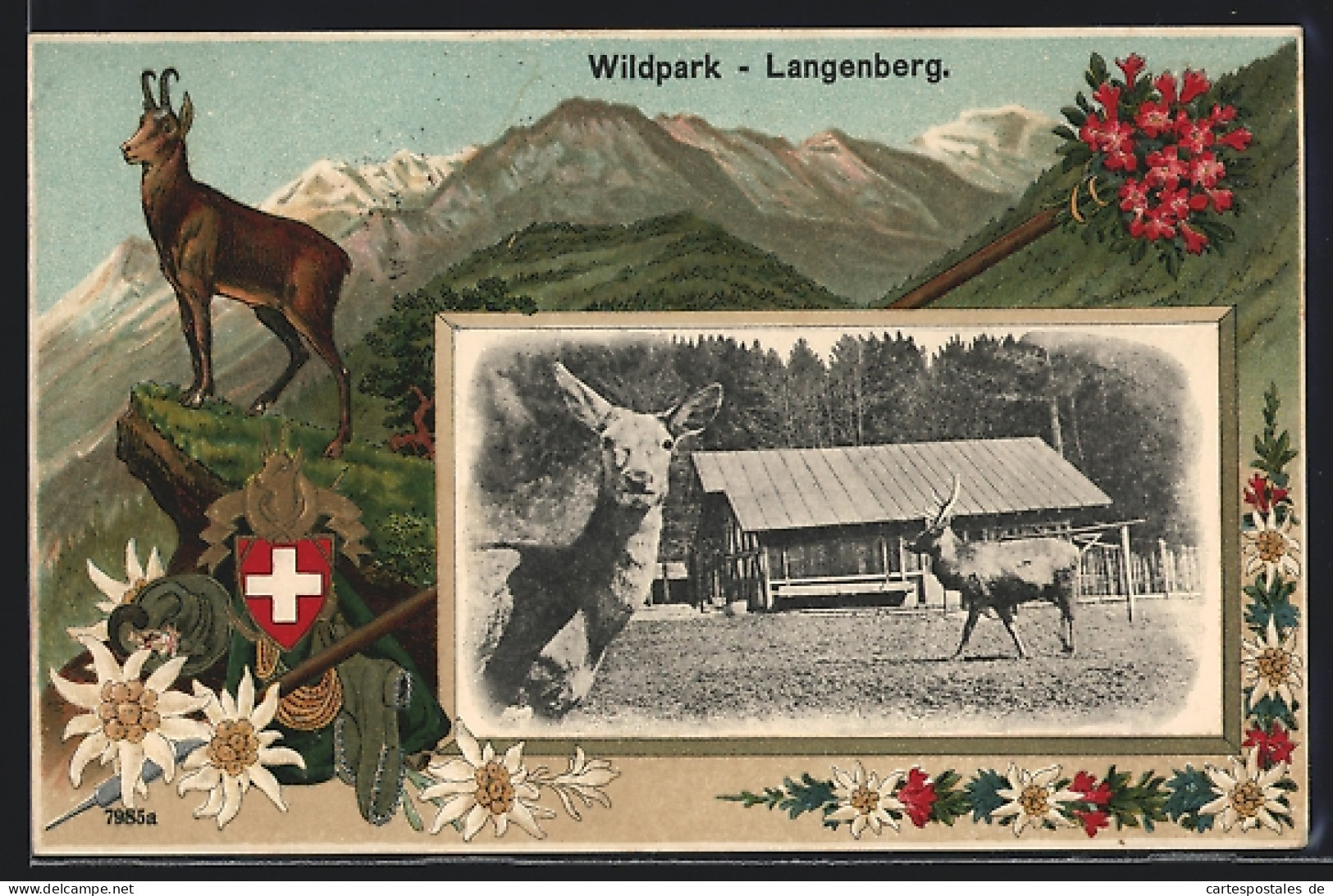 Passepartout-Lithographie Langnau am Albis, Wildpark Langenberg, Gemse, Schweizer Wappen