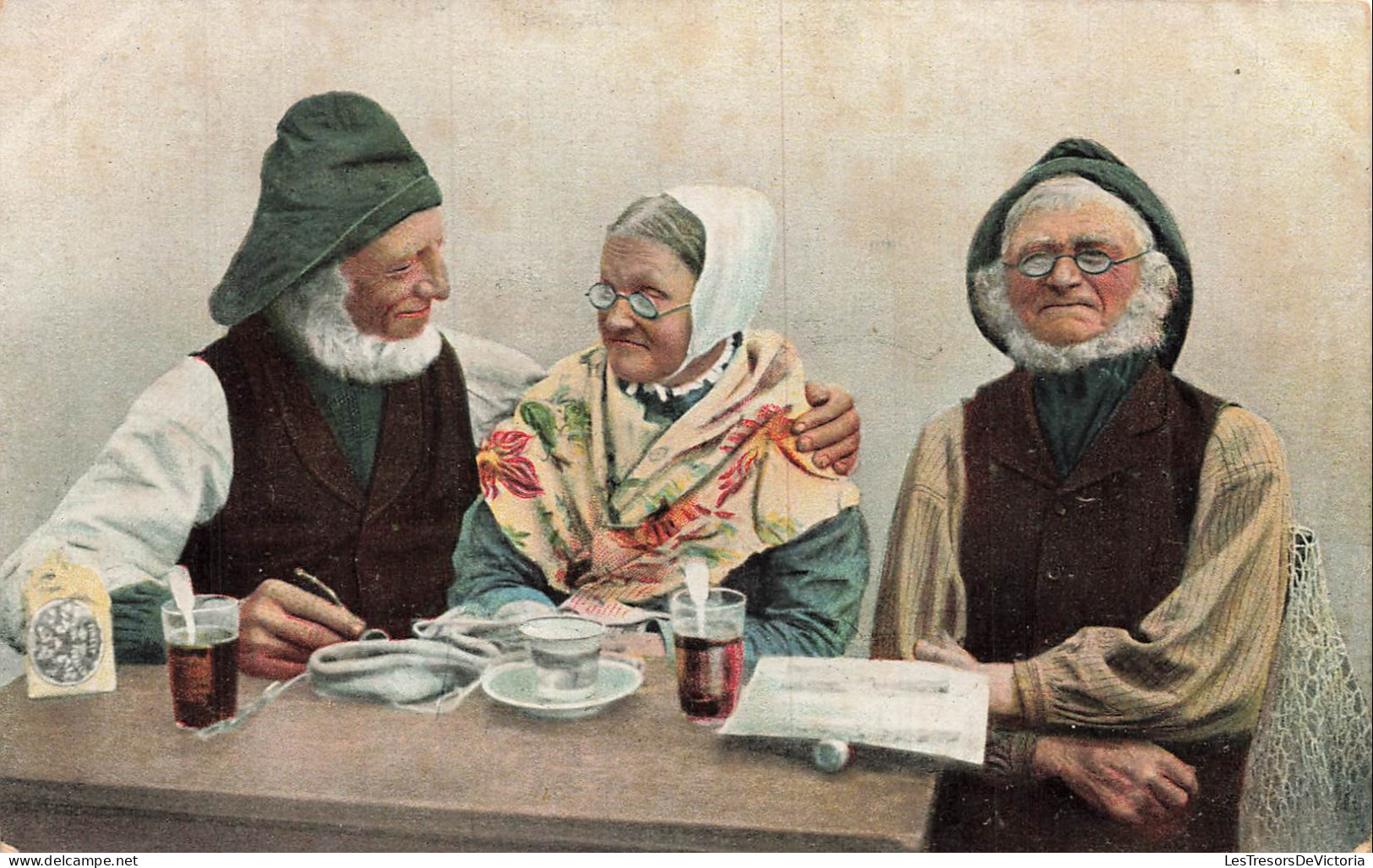 PAYS BAS - Paysans - Deux hommes - Femme - Agées - Table - Colorisé - CPA