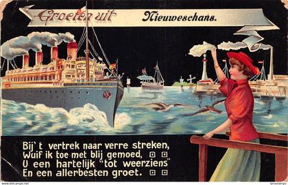 A201 Netherlands Groeten uit Nieuweschans Steamboat Departing Woman postcard