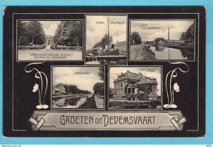 DEDEMSVAART prentbriefkaart Groeten uit...met IJzeren scheepswerf, Lutten de Baanbreker, Huize Rollecate 1908 naar R'dam