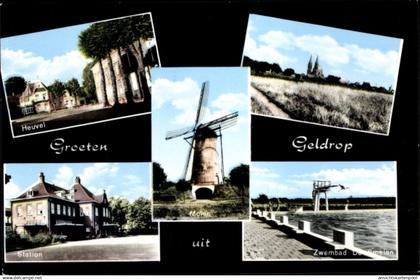 CPA Geldrop Nordbrabant Niederlande, Heuvel, Kerk, Station, Molen, Zwembad