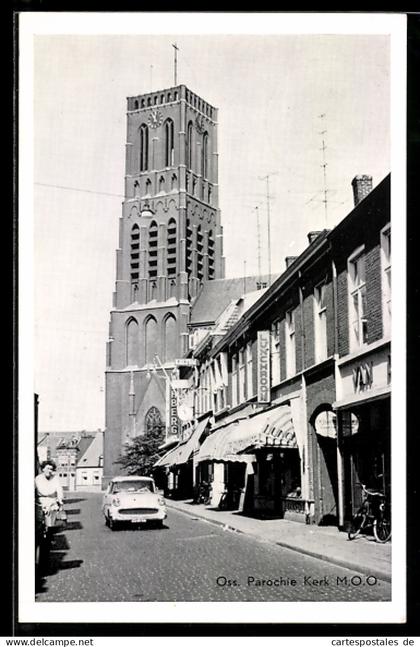 AK Oss, Parochie Kerk, straatbeeld met toren