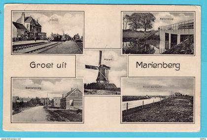 MARIENBERG prentbriefkaart met trein station,rivier de Vecht, molen 1928 treinstempel Coevorden- Zwolle naar Den Haag